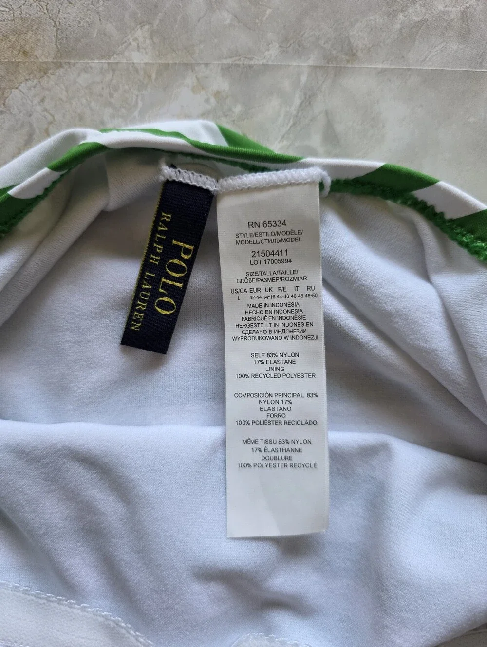 Polo Ralph Lauren Green White Stripe  Swimsuit L Pony Preppy Coastal Old Money